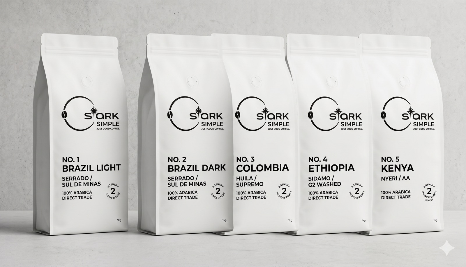 Stark bags: Brazil Light, Brazil Dark, Colombia, Ethiopia, Kenya